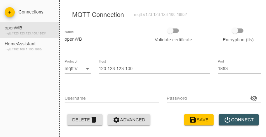 Verbindungsdialog MQTT Explorer